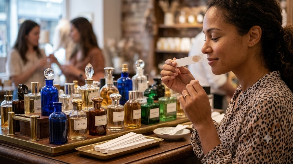 Customer testing a perfume on a paper test strip at fragrance counter