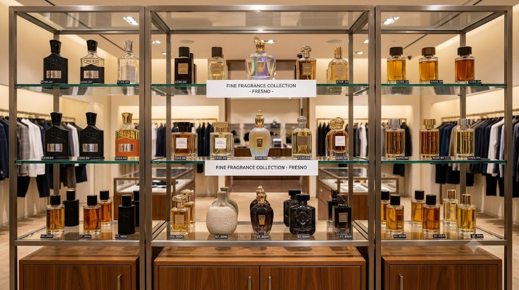 Rows of designer perfume and cologne bottles on a store shelf in Fresno
