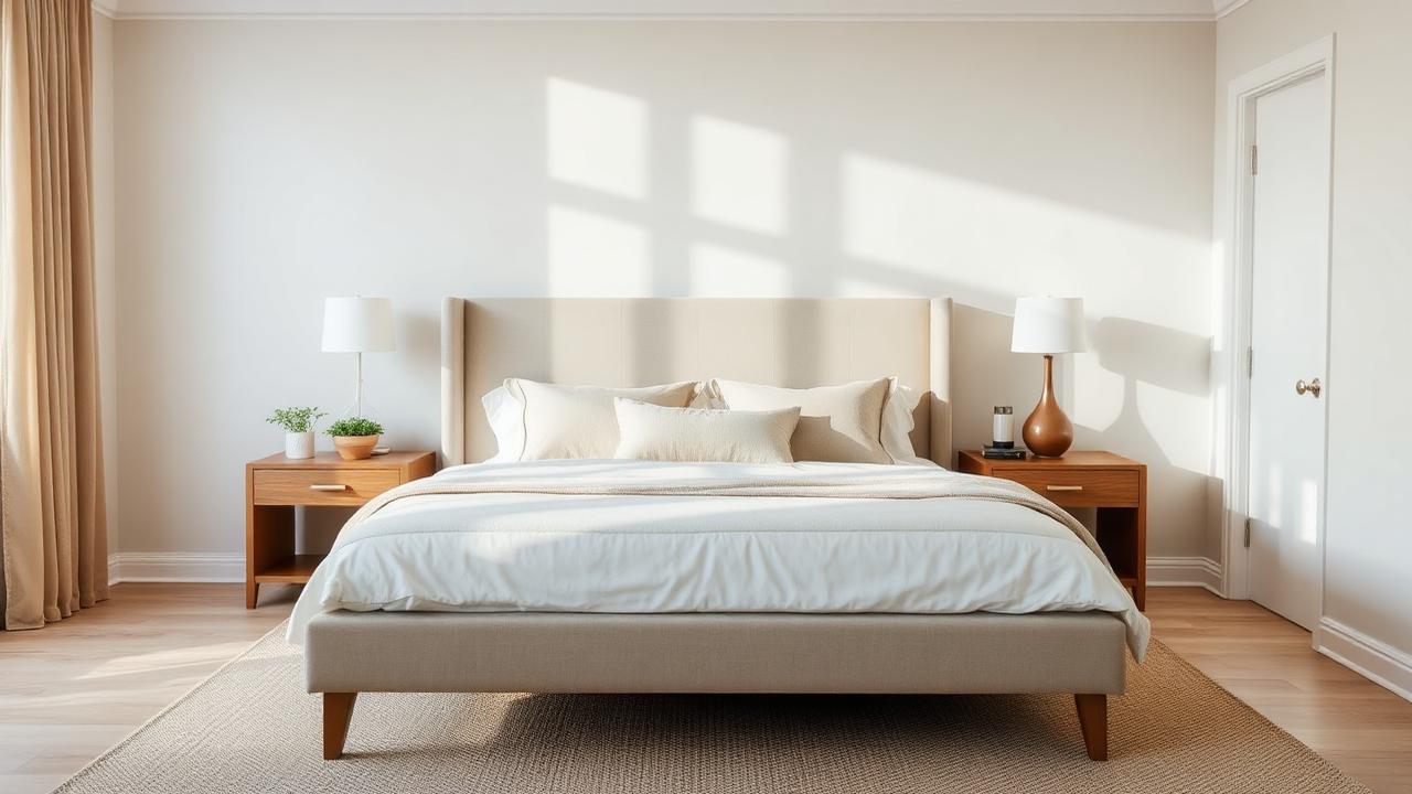 Calm bedroom with an upholstered bed, wood nightstands and warm neutral bedding