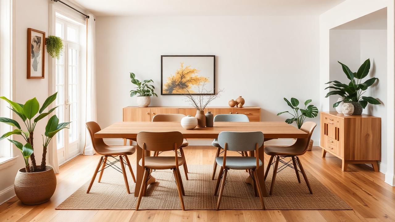 Dining room with a warm wood table and mixed-material chairs in a bright Fresno home