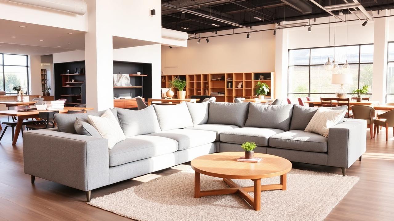 Ashley Furniture style living room showroom in Fresno with a gray fabric sectional and wood coffee table