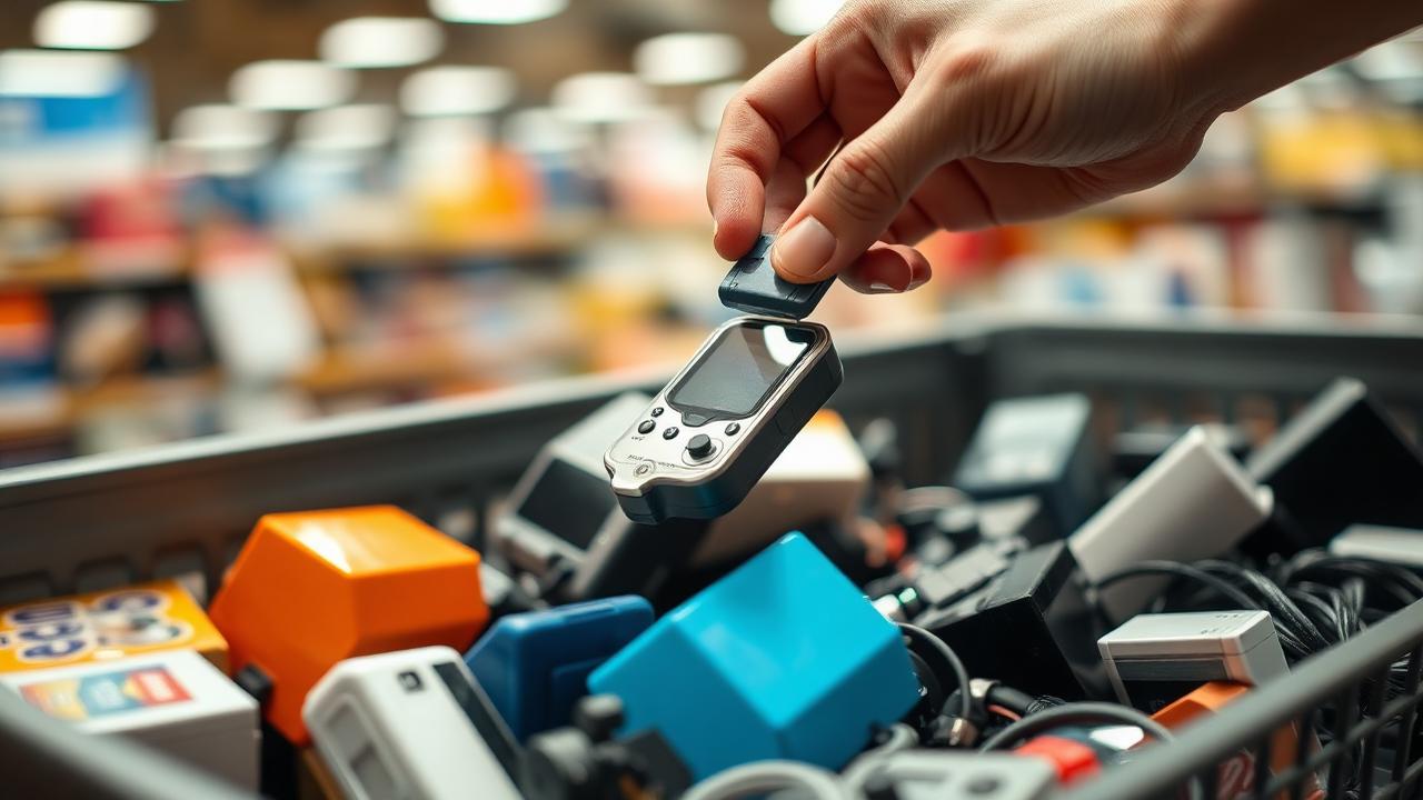 Shopper inspecting a returned electronic gadget for missing parts before buying it from a bin