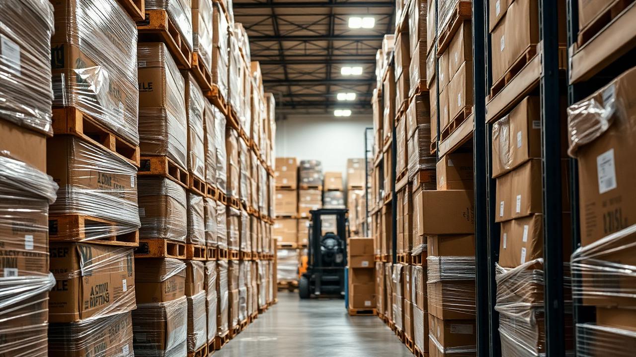 Shrink-wrapped liquidation pallets of returned merchandise stacked in a warehouse aisle