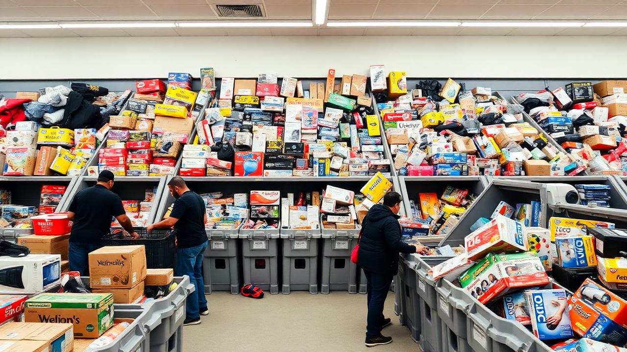 Shoppers digging through unsorted bins of Amazon returns at a bin store in Fresno