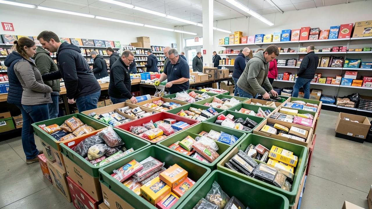 Shoppers digging through open bins of discounted liquidation merchandise inside a bin store