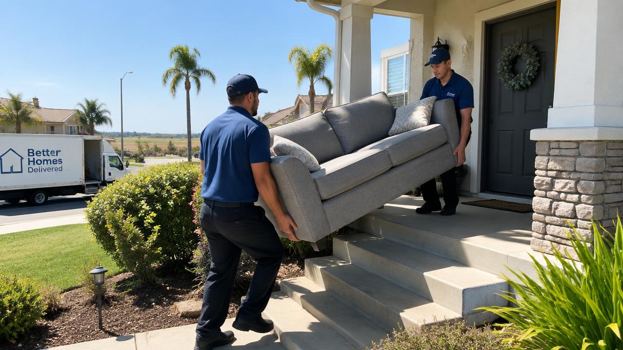 Delivery team carrying a sofa to a Central Valley home