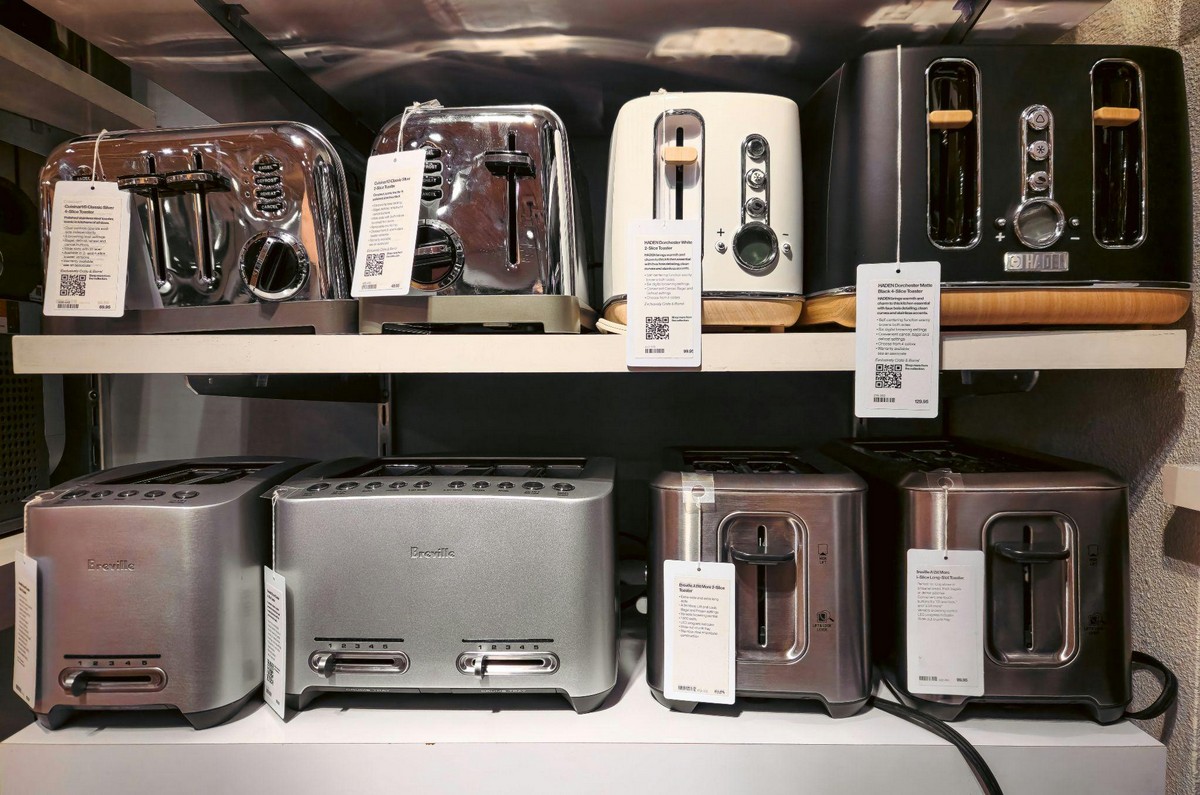 Toasters and small appliances displayed at an electronics store in Fresno