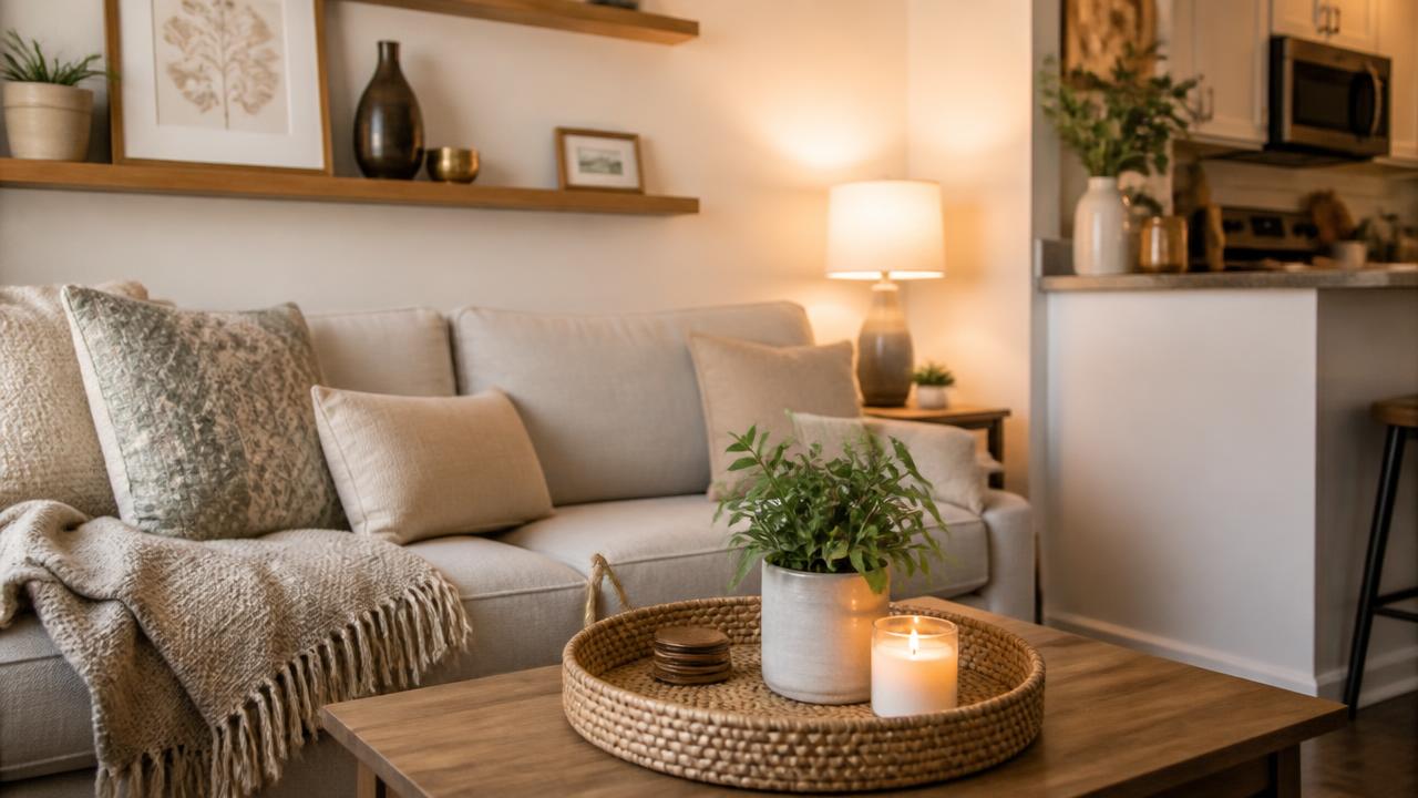 Cozy rental bedroom with neutral bedding and a bedside lamp