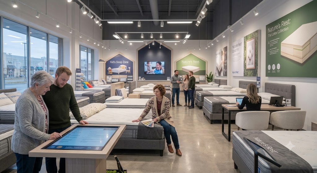 Shopper seating on a mattress in a showroom