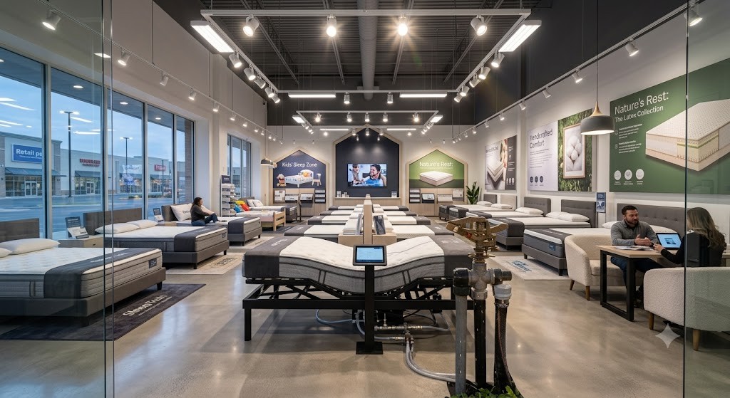 Mattress showroom with several floor models in a bright store