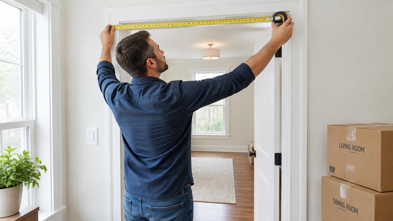 Homeowner measuring a doorway before furniture delivery