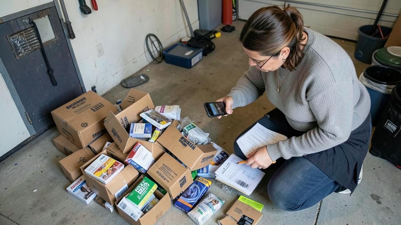 Reseller sorting and photographing a pile of unboxed returned products from a wholesale pallet in a garage