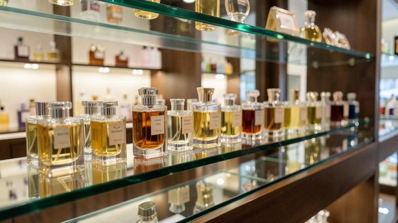 Perfume bottles displayed at a perfume store in California.