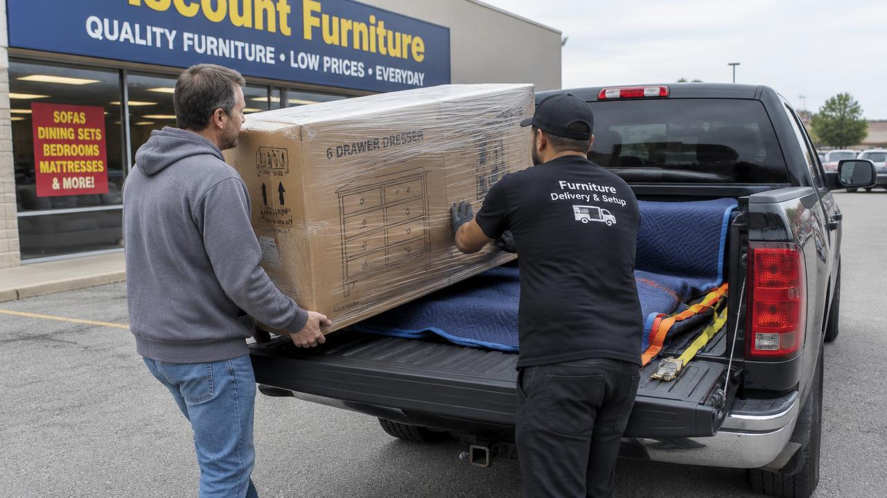 Shoppers loading a boxed dresser into a pickup truck outside a discount store