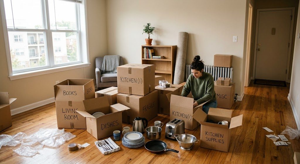 First apartment living room with moving boxes and a few kitchen items on the floor