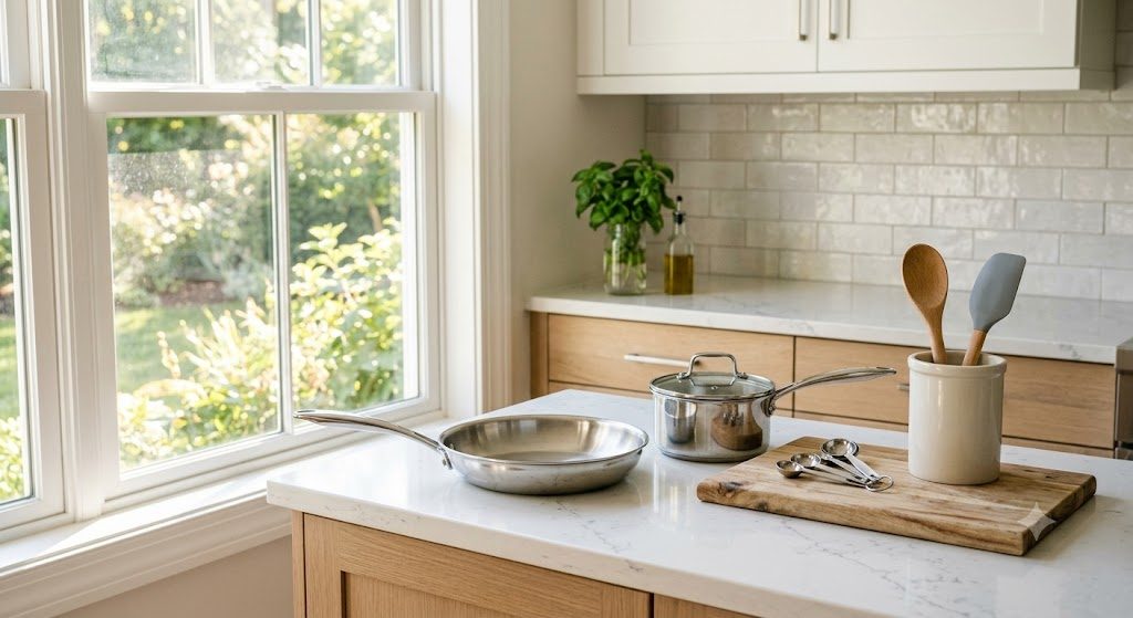 Neatly arranged basic cookware set and kitchen tools on a counter