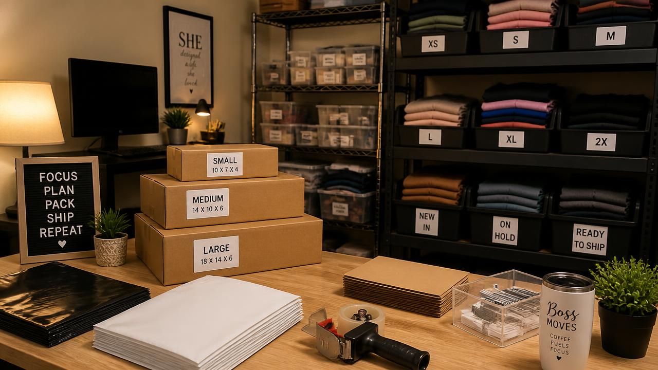 Organized reseller packing station with labeled shipping boxes, mailers, and sorted inventory shelves