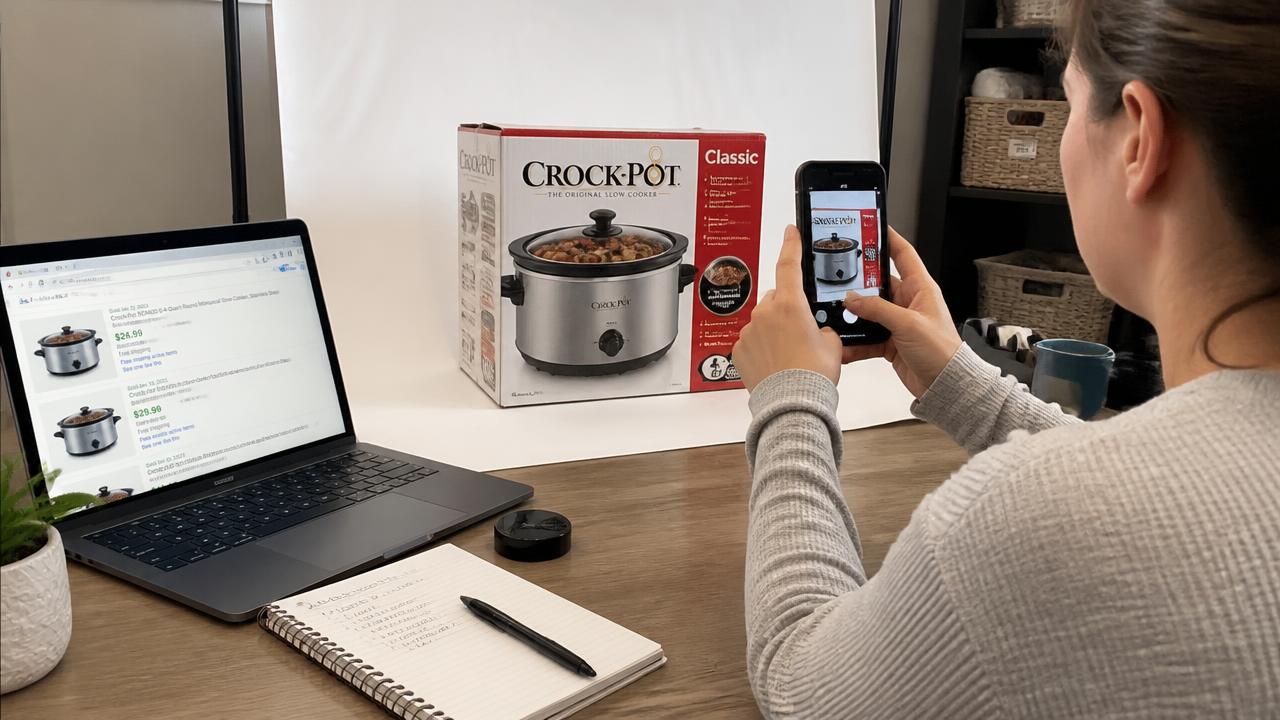 Reseller photographing a boxed slow cooker while checking sold listing prices on a laptop