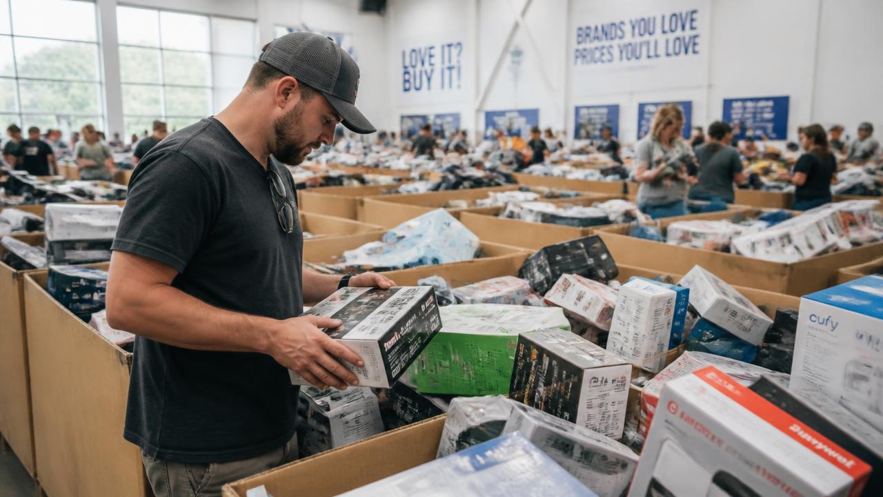 Reseller sorting through boxed electronics in liquidation bins at a California bin store