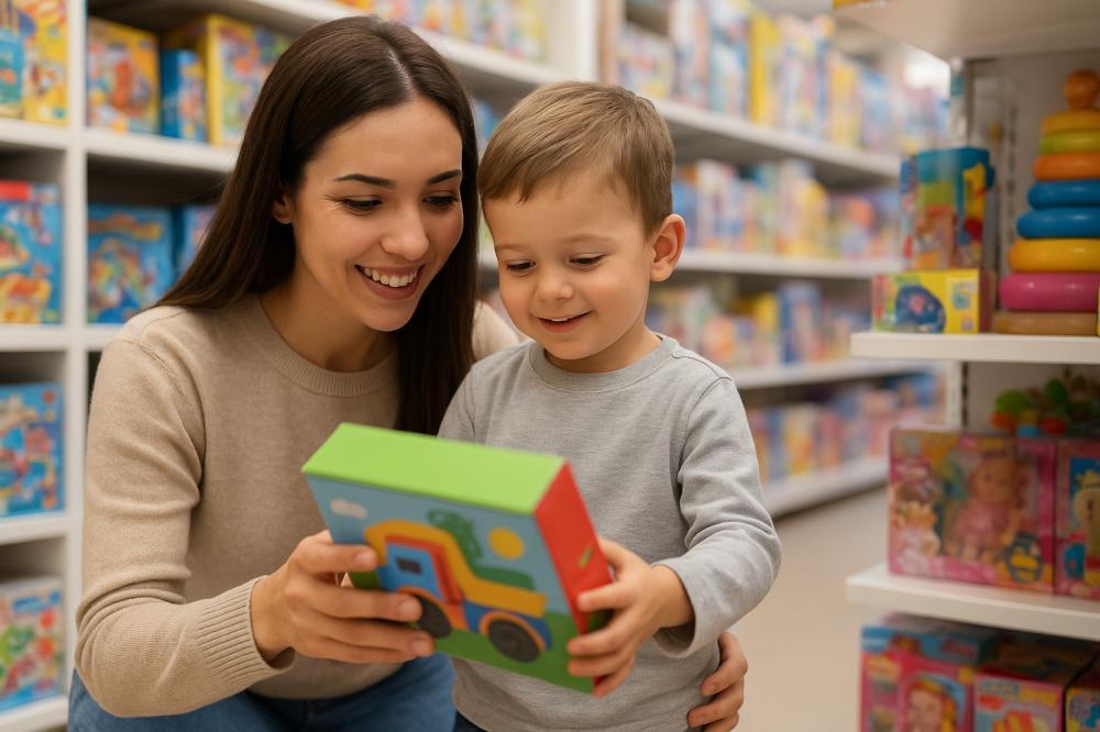 Children choosing educational toys at a toy store in California