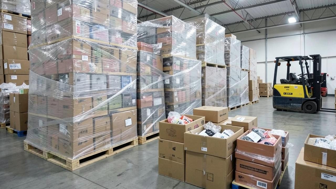 Shrink-wrapped wholesale liquidation pallets and boxes of mixed returned merchandise stacked in a warehouse