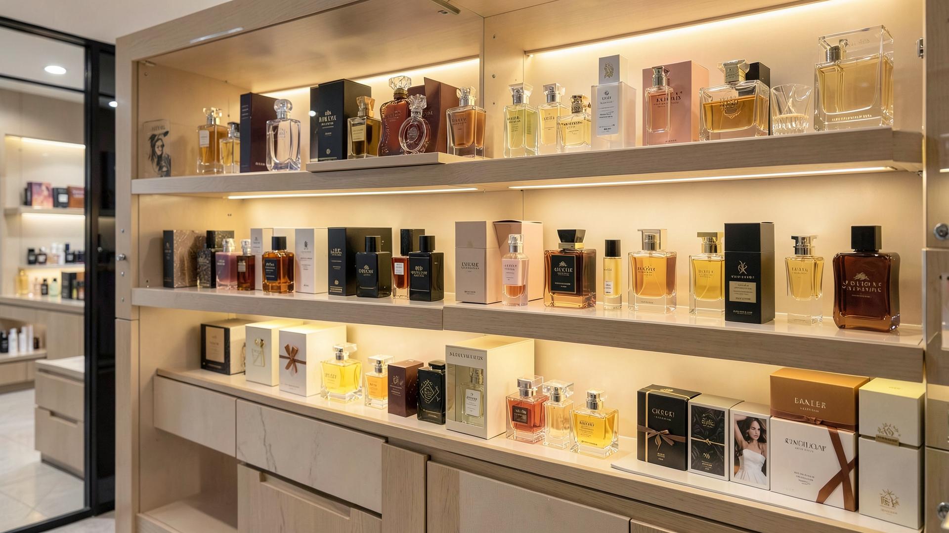 Shelves of designer perfumes, colognes and fragrance gift sets at the Deals4Less perfume store in Fresno