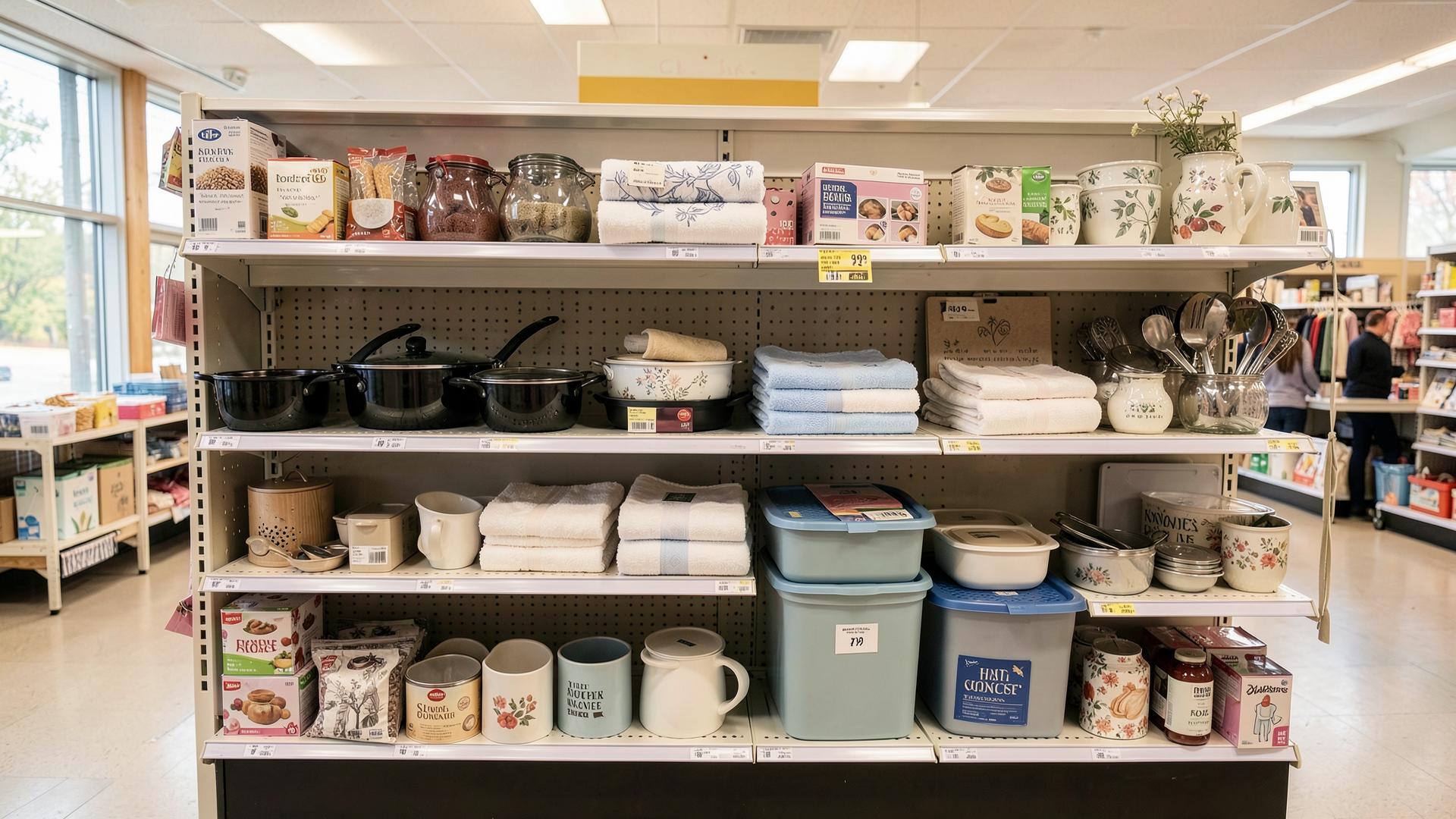 Kitchen essentials, bath towels, storage bins and home decor on display at the Deals4Less home goods store in Fresno, CA