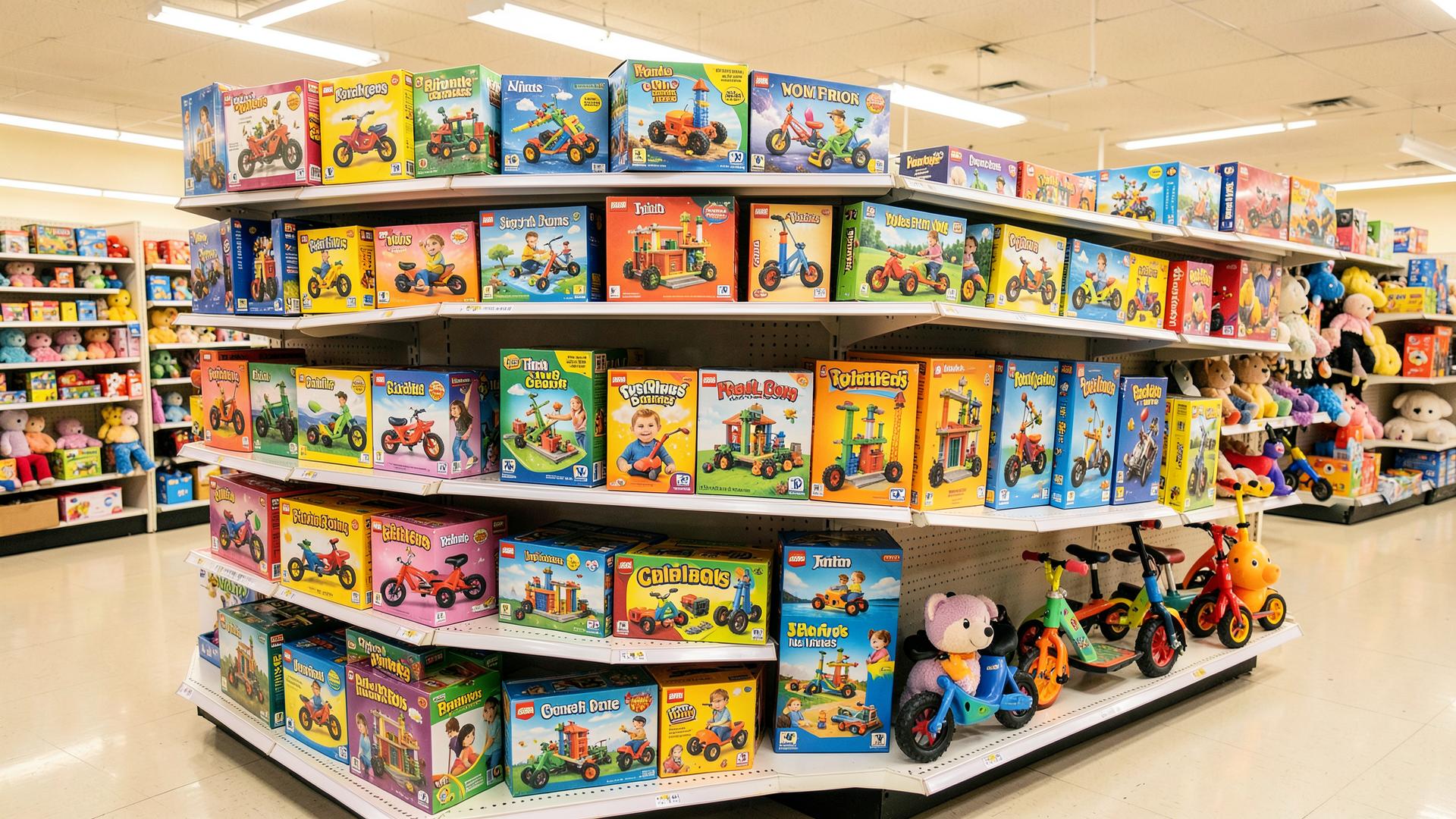 Discounted toys, games, building sets and ride-ons on shelves at the Deals4Less toy store in Fresno, CA